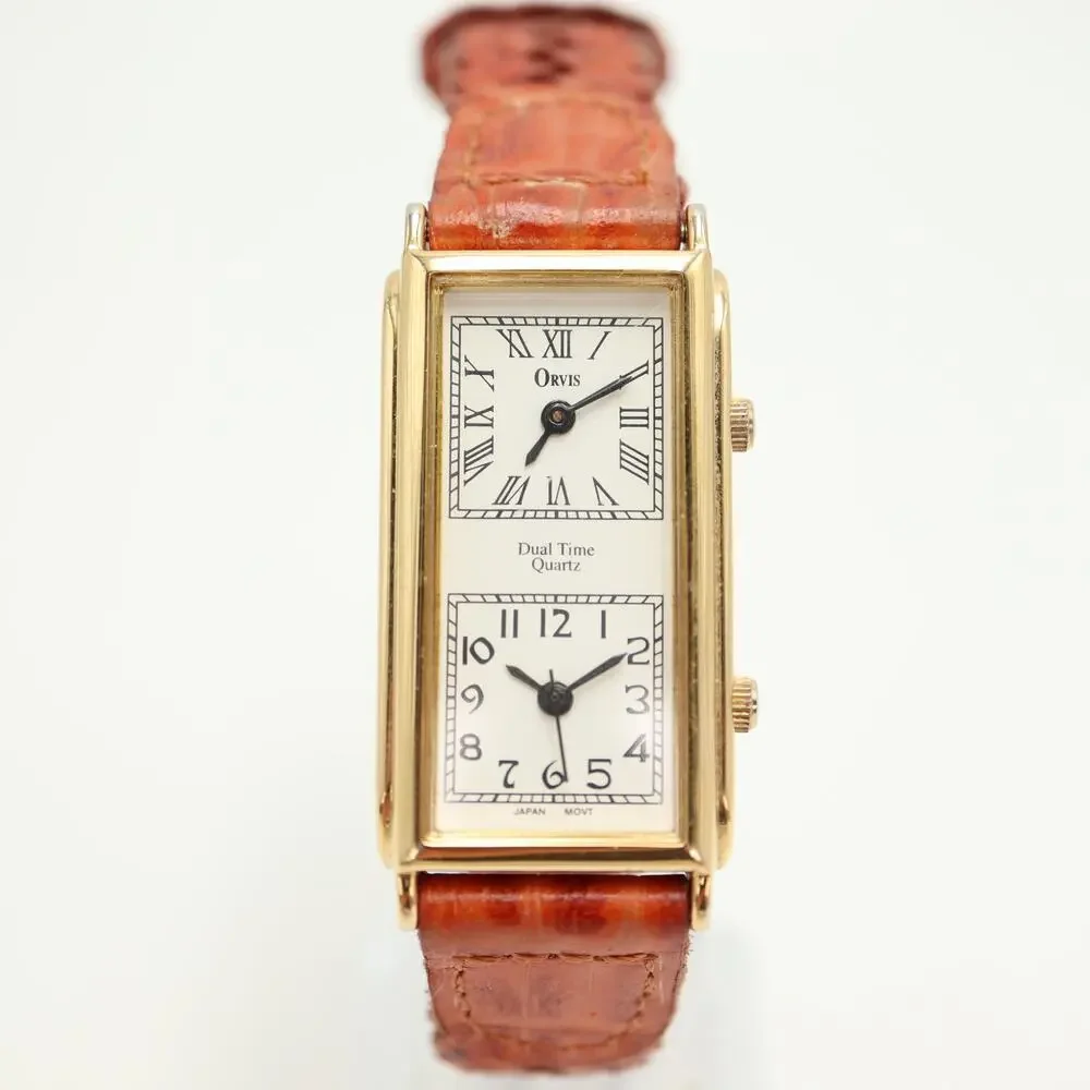 Vintage Orvis Dual Time Gold Tone 22mm Watch Brown Braid Leather w New Battery